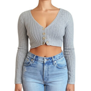 Olivaceous Cardigan Womens Size S Grey Cropped Ribbed Button Front Cozy Chic